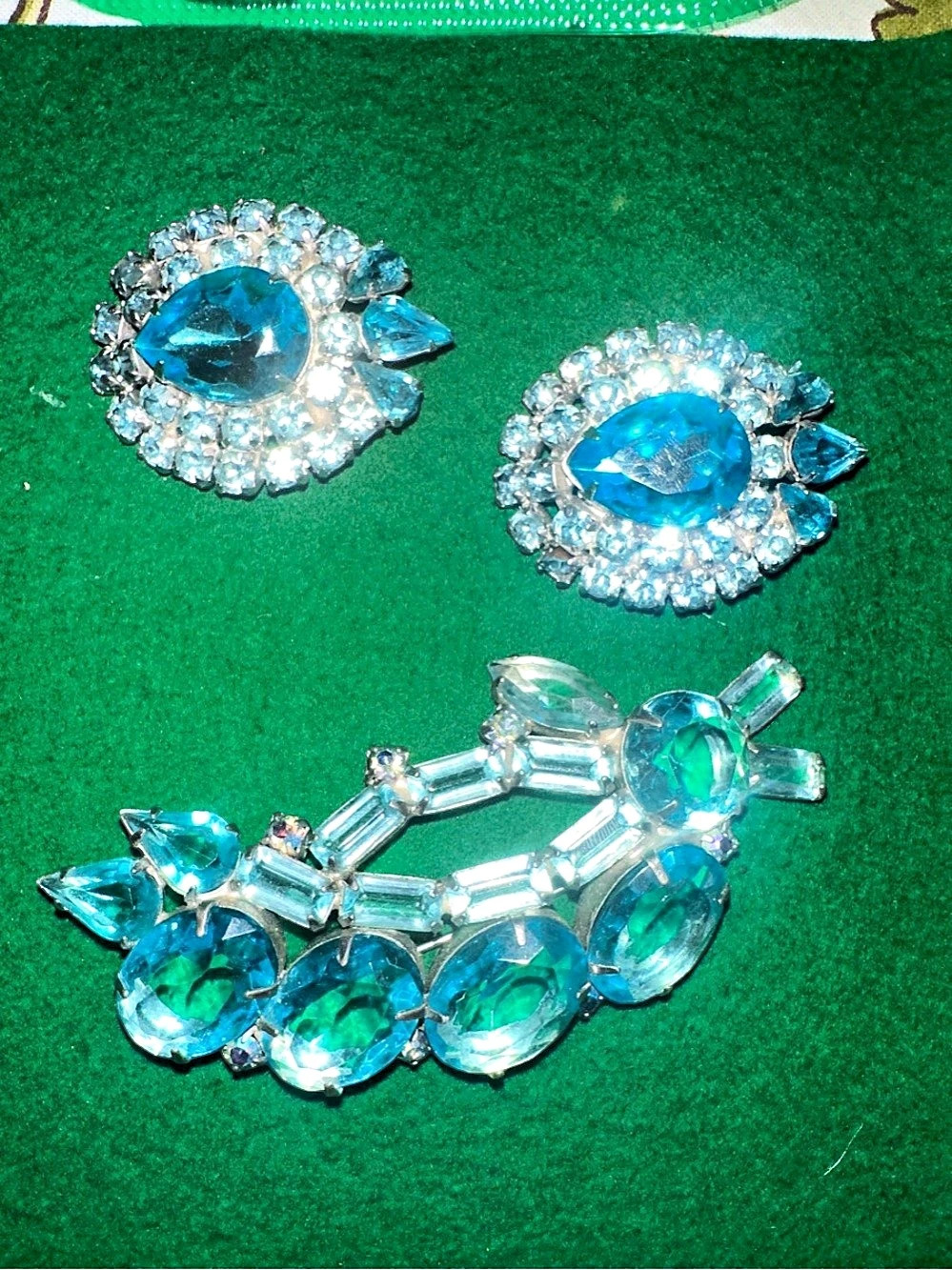 Vintage Aqua Rhinestone Pin & Clip-On Earrings